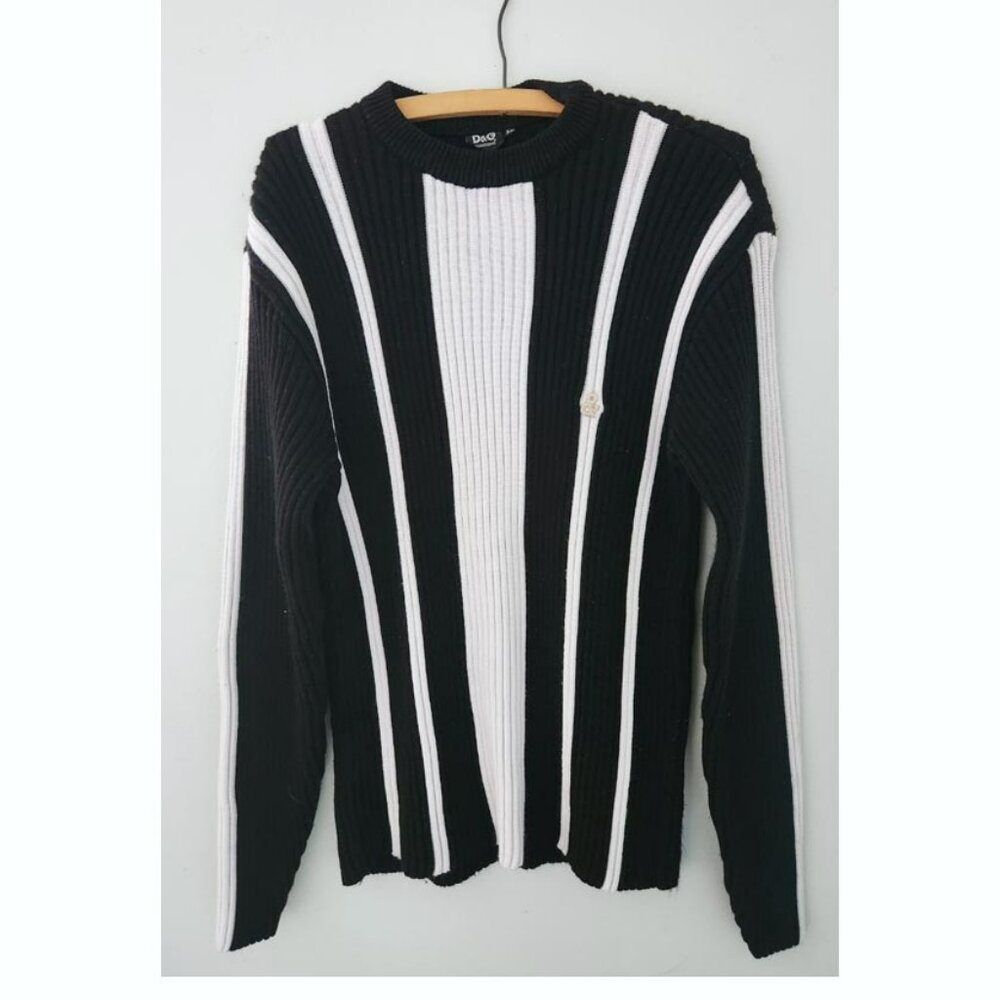 XL vintage Dolce & Gabbana COTTON sweater bold black white stripe metal logo D&G